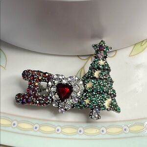 Vintage Holiday Rhinestone Brooch with Heart and Tree
